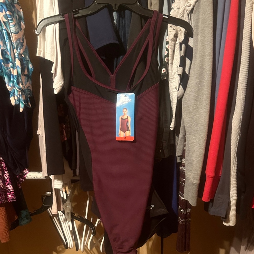 Speedo Burgundy and Black One Piece Swimsuit
